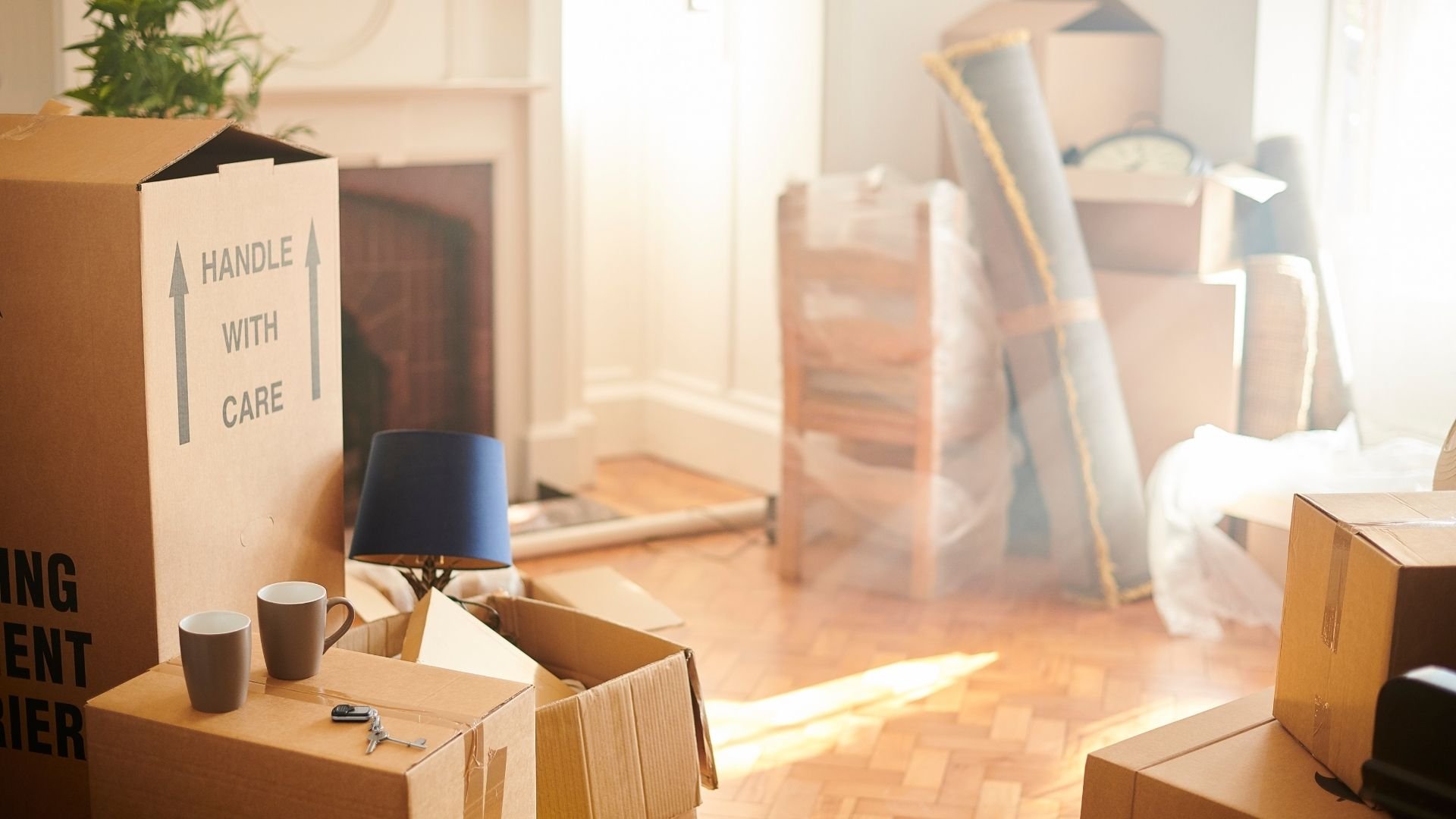 Moving boxes with fragile items, lamp, coffee cups, and potted plant on wooden floor.