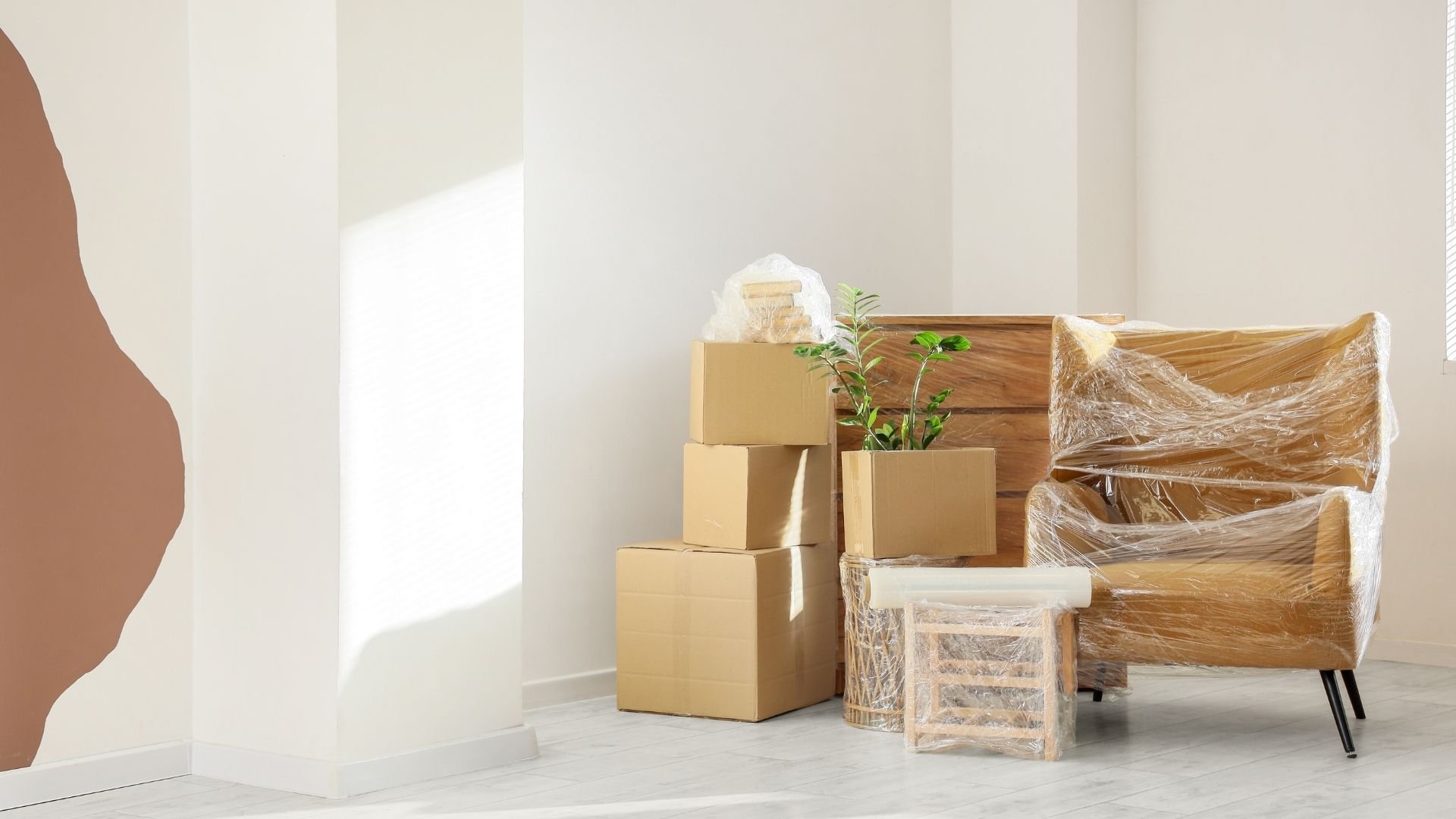 Moving day scene with cardboard boxes, wooden furniture wrapped in plastic, and green plant