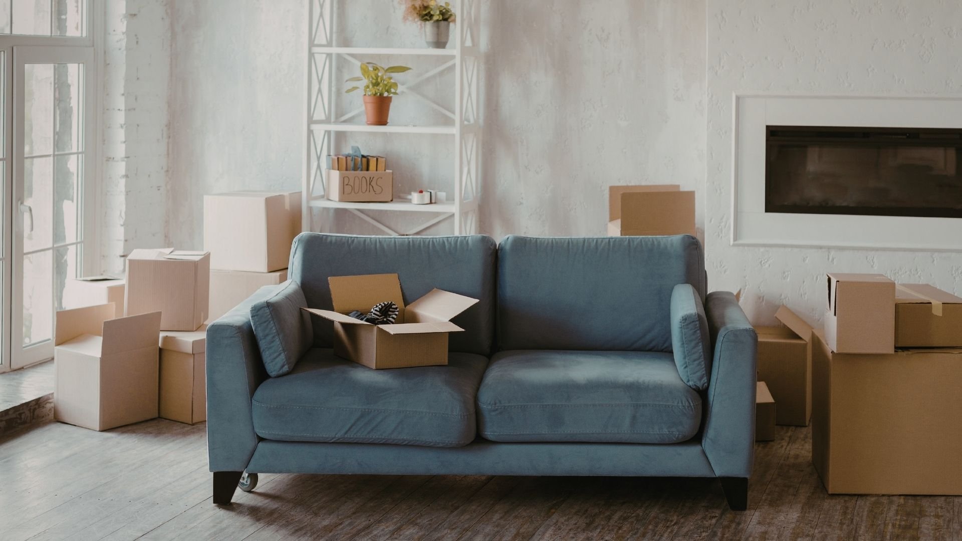 Blue couch surrounded by cardboard moving boxes in a bright apartment